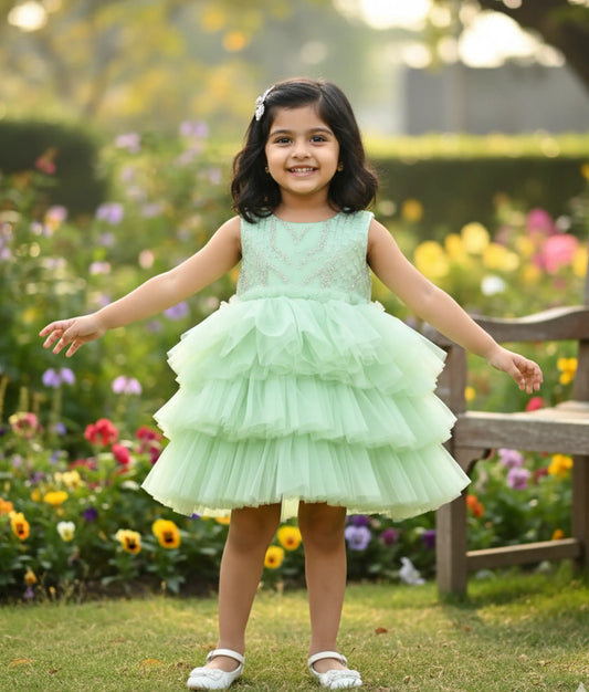 Pastel Green Tulle Net Birthday Frock For Baby Girl [Ready to ship:5306]