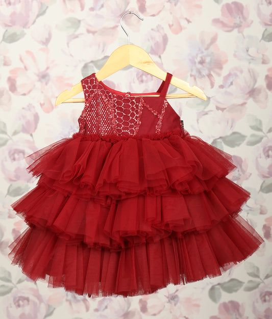 Maroon tiered tulle baby frock with work material yoke and ruffled skirt for parties
