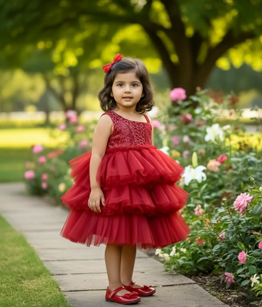 Maroon Tulle Net Step Birthday Frock For Baby Girl Birthday [Ready to ship:5307]