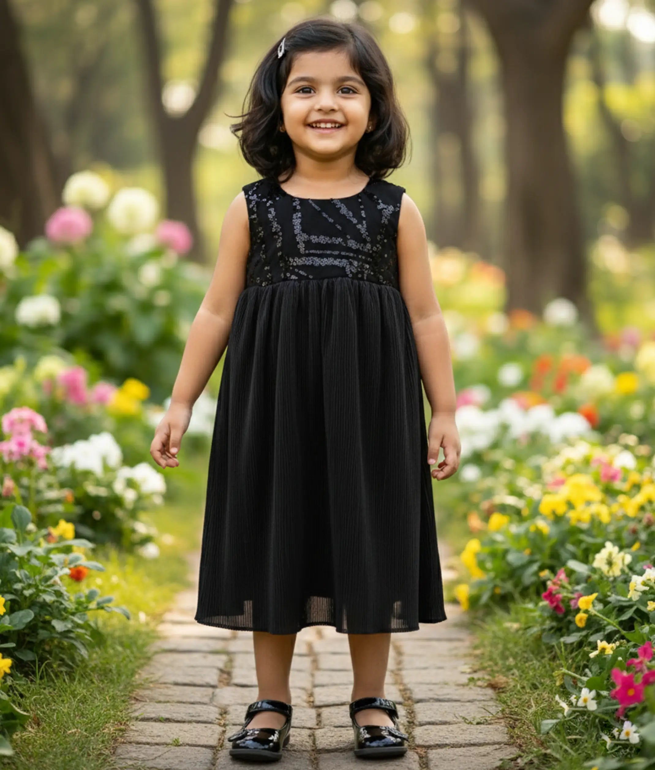 Black Satin Crush A-Line Frock For Baby Girl [Ready To Ship:5314]