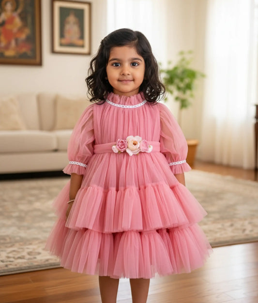 Onion Pink Tulle Net Step Birthday Frock For Baby Girl [Ready to ship:5324]