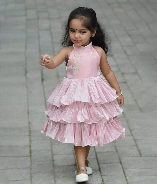 Pastel Peach Lacer Organza Floral Embroidery Step Birthday Dress For Baby Girl [Ready To Ship:5327]