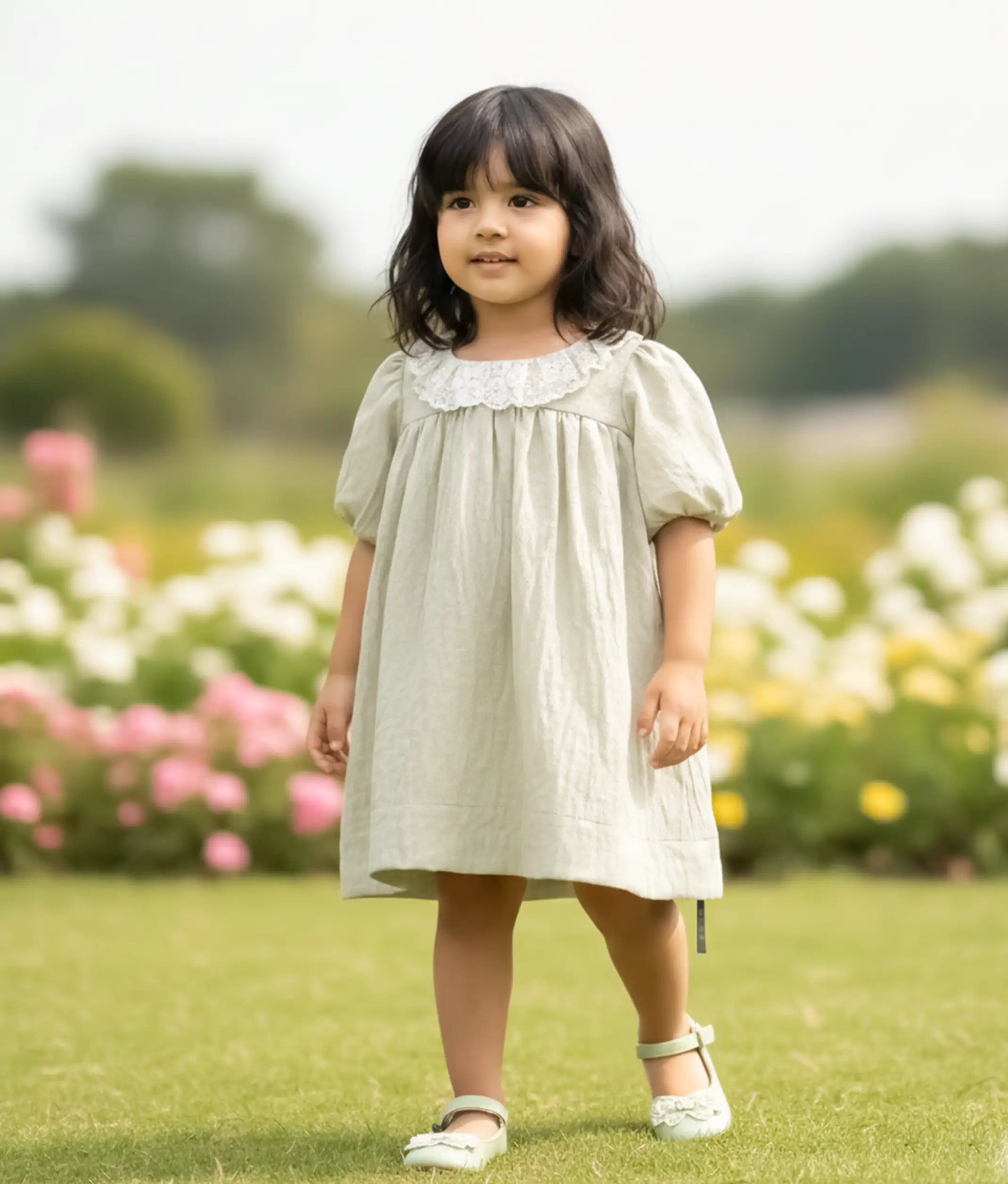 Pastel Green Linen Christmas Frock For Baby Girl [5342]