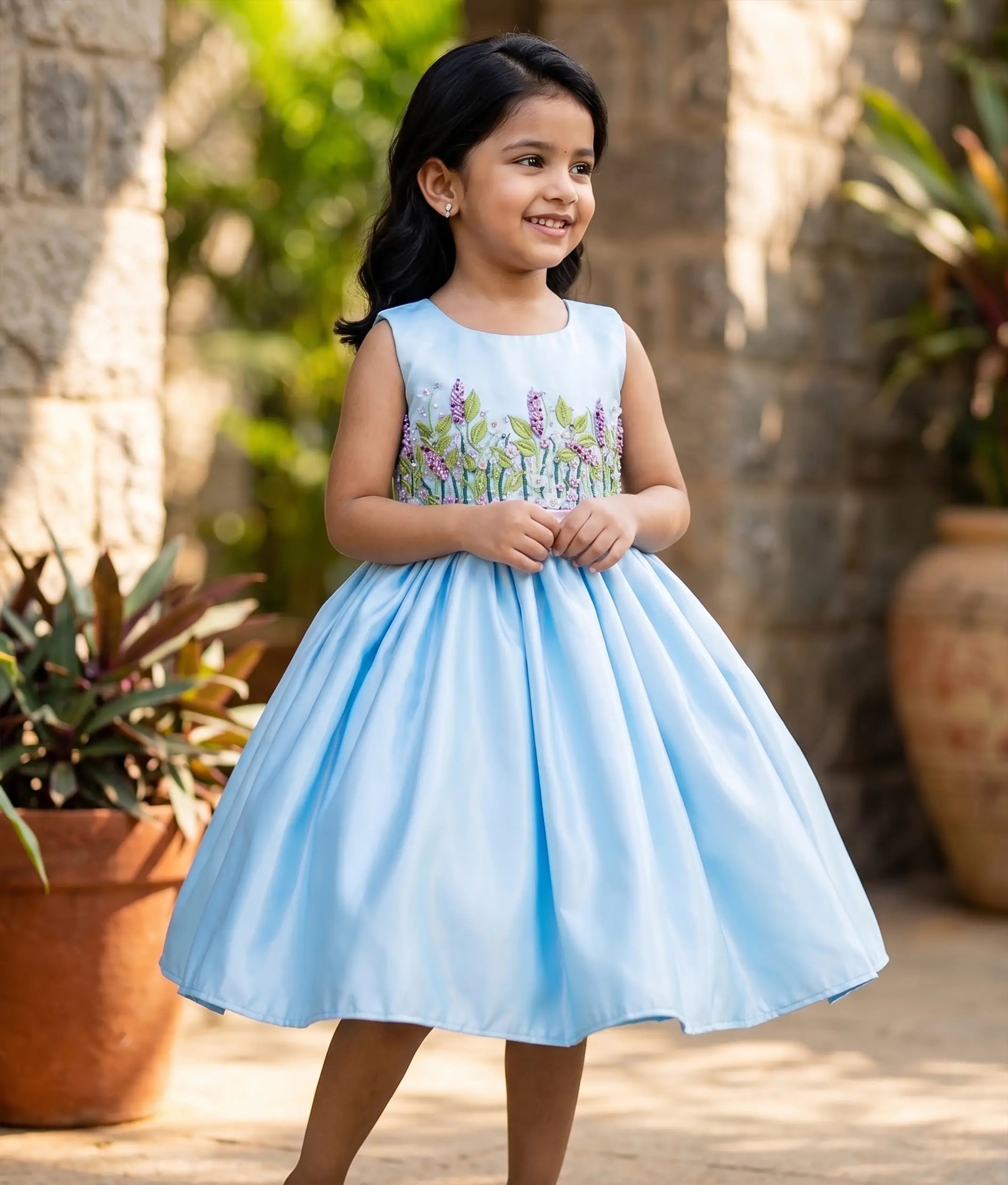 Sky Blue Bridal Satin Organza Flower Theme Dress for Baby Girl [5346]