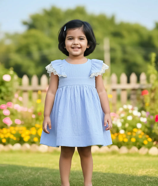 Blue Linen Christmas Frock For Baby Girl [Ready to ship: 5356]