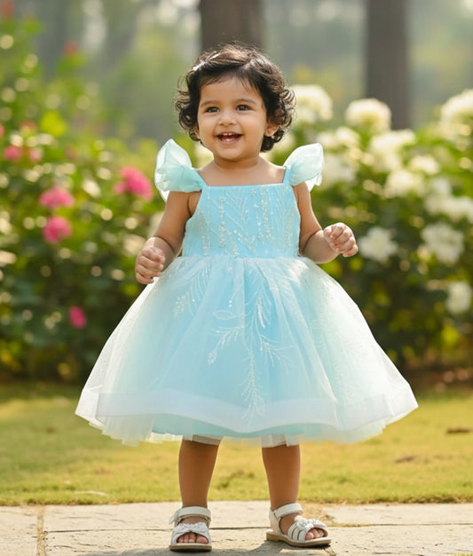 Sky Blue Tulle Net Work Material Birthday Frock For Baby Girl [Ready To Ship: 5365]