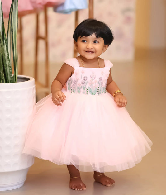 Pink Tulle Net Handworked Birthday Frock For Baby Girl [ready to Ship: 5377]