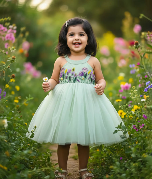 Pastel Green Tulle Net Handworked Birthday Frock For Baby Girl [Pre Order: 5386]