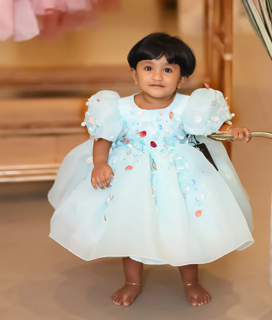 Blue Plain Organza Flower Theme Handwork Frock For Baby Girl [Pre order: 5395]