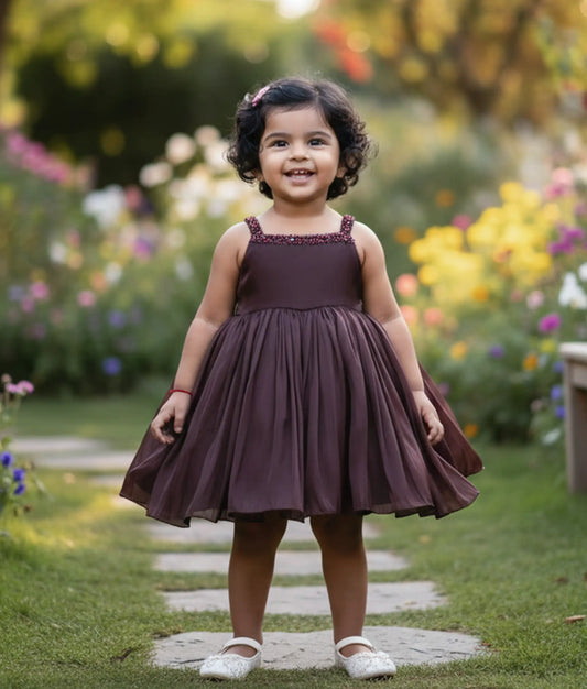 Coffee Brown Lacer Organza Floral Handworked Birthday Frock For Baby Girl [Ready To Ship:5398]