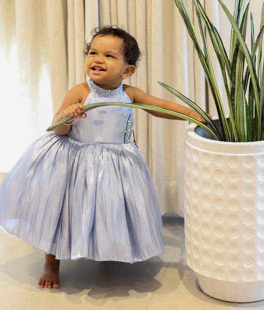 Ash Blue Laser Organza Floral Handworked Birthday Frock For Baby Girl [Ready to ship:5405]