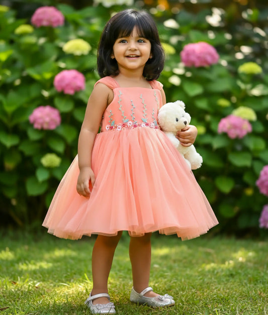 Peach Tulle Net Handworked Birthday Frock For Baby Girl [ready to Ship: 5440]