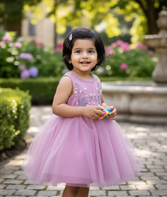 Pastel Lavender Tulle Net Handworked Birthday Frock For Baby Girl [ready to Ship: 5442]