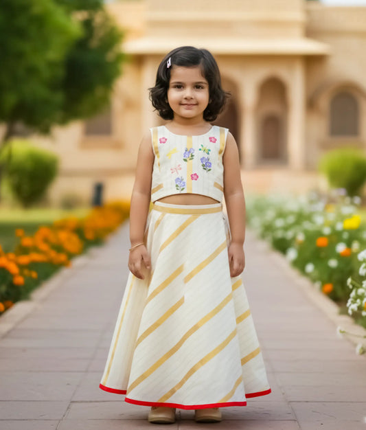 Off-white Cotton Hand-painted Top with Kasavu Skirt For Baby Girl [Ready to ship: 5455]