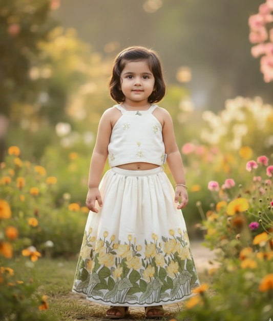 Off-white Floral Embroidery Cotton Yellow Lotus Embroidery Skirt and Top For Baby Girl [Ready to ship: 5457]