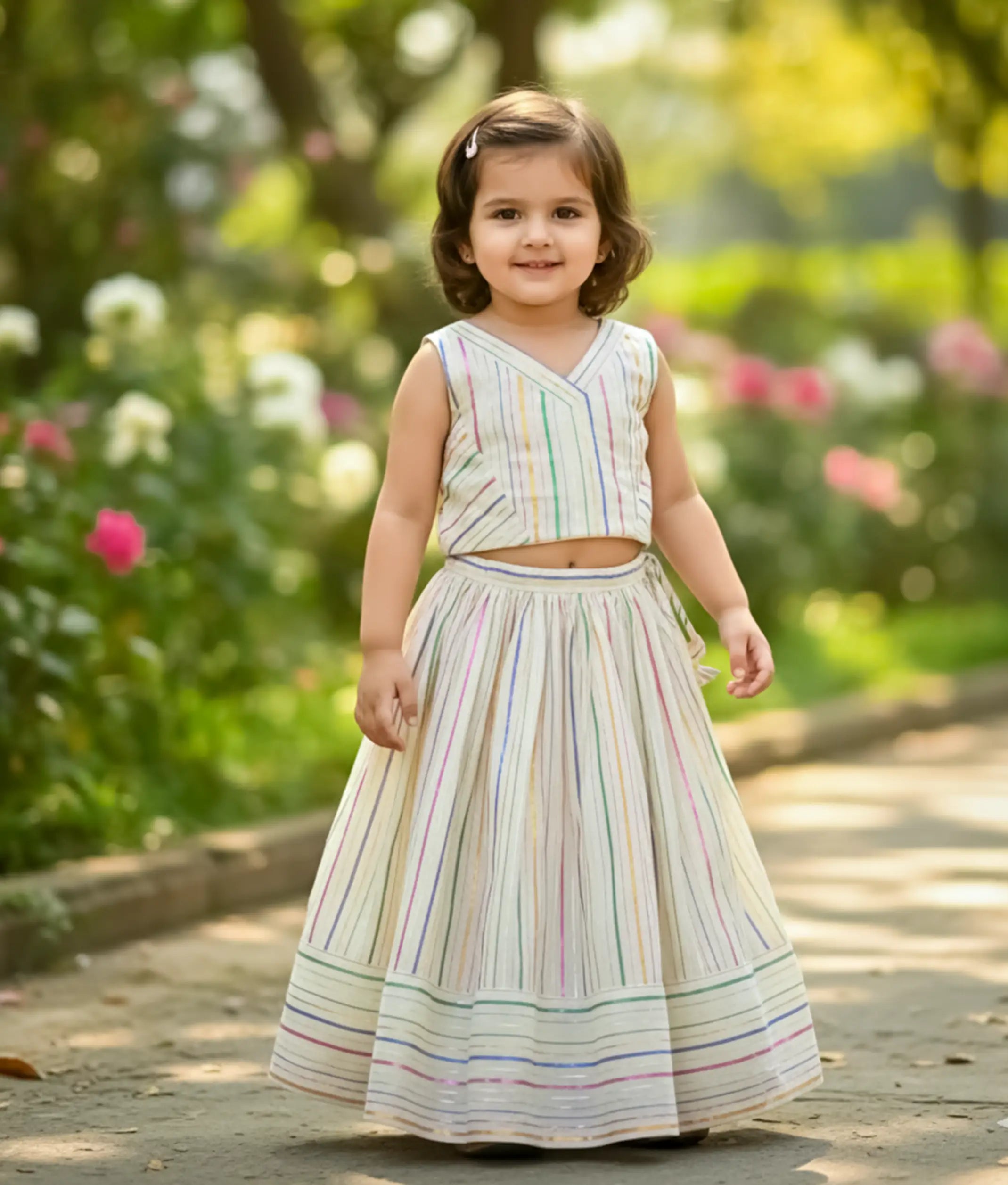Off-white Cotton Striped Crop Top With Full Skirt For Baby Girl [5463]