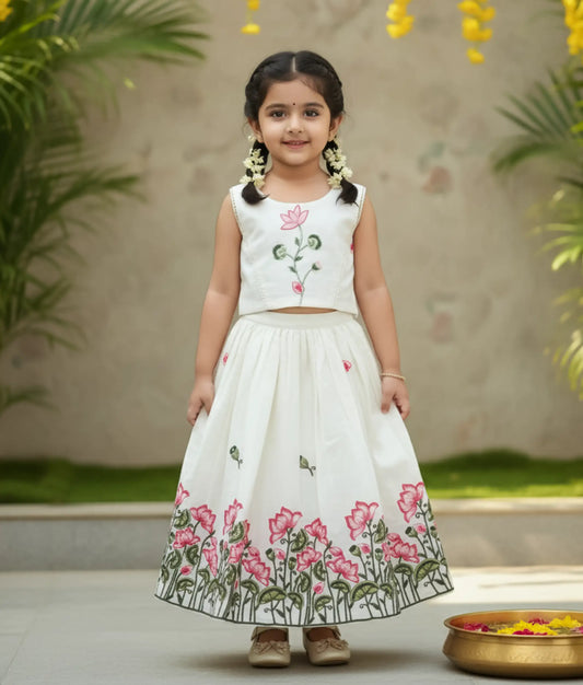 Off-white Lotus Handworked Top with Embroidery Skirt For Baby Girl [Ready to ship: 5464]