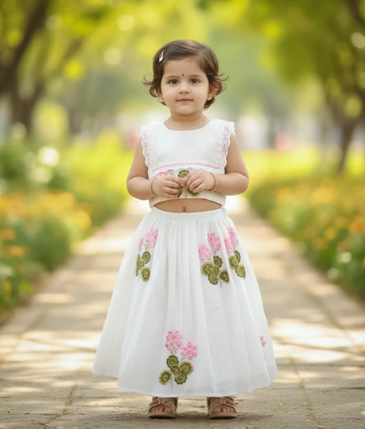 White Floral Embroidery Cotton Skirt and Top For Baby Girl [Ready to ship: 5469]