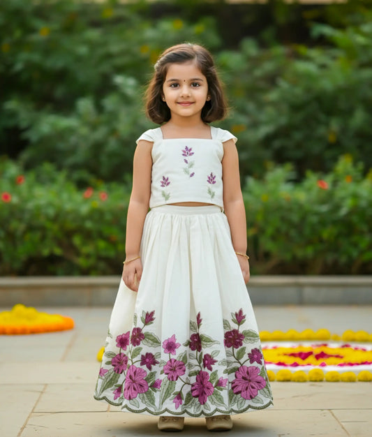 Off-white Floral Handworked Top with Embroidery Skirt For Baby Girl [Ready to ship: 5474]