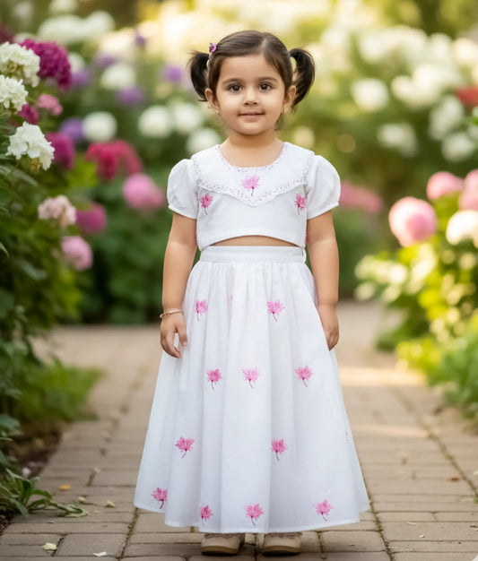 White Floral Embroidery Cotton Skirt and Top For Baby Girl [Ready to ship: 5475]