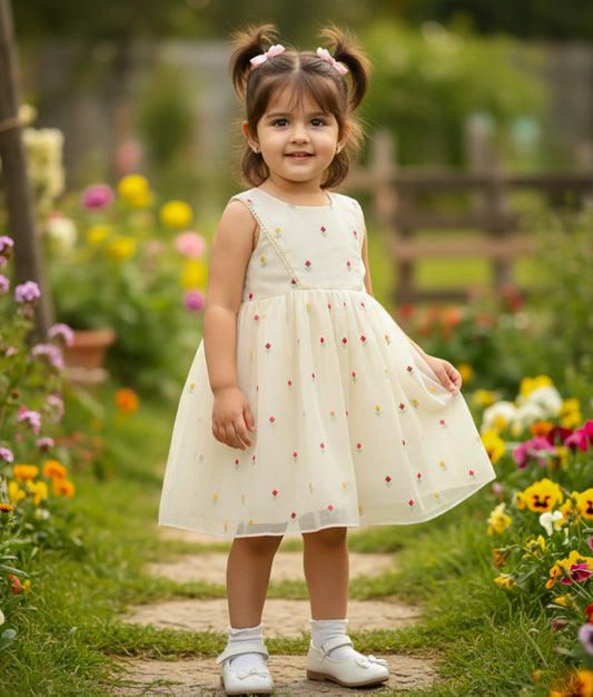 Off-white Chanderi Silk Floral Embroidery Frock For Baby Girl [Ready to ship: 5478]