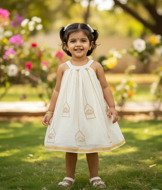 Off-white Kasavu Frock For Baby Girl [Ready to ship: 5479]