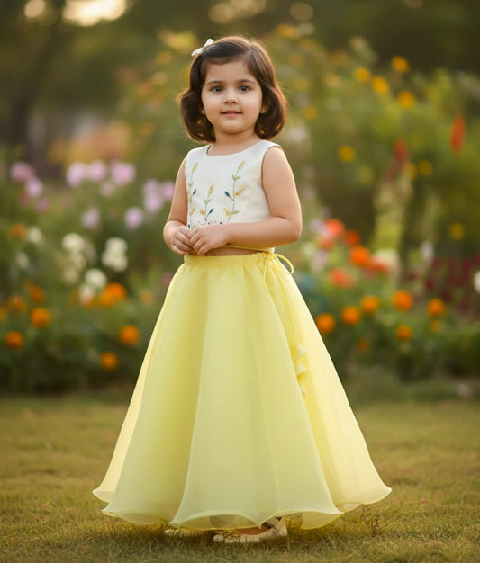 Offwhite Shimmer Organza Handworked Short Top With Yellow Full Length Skirt For Baby Girl [Ready to ship :5480]