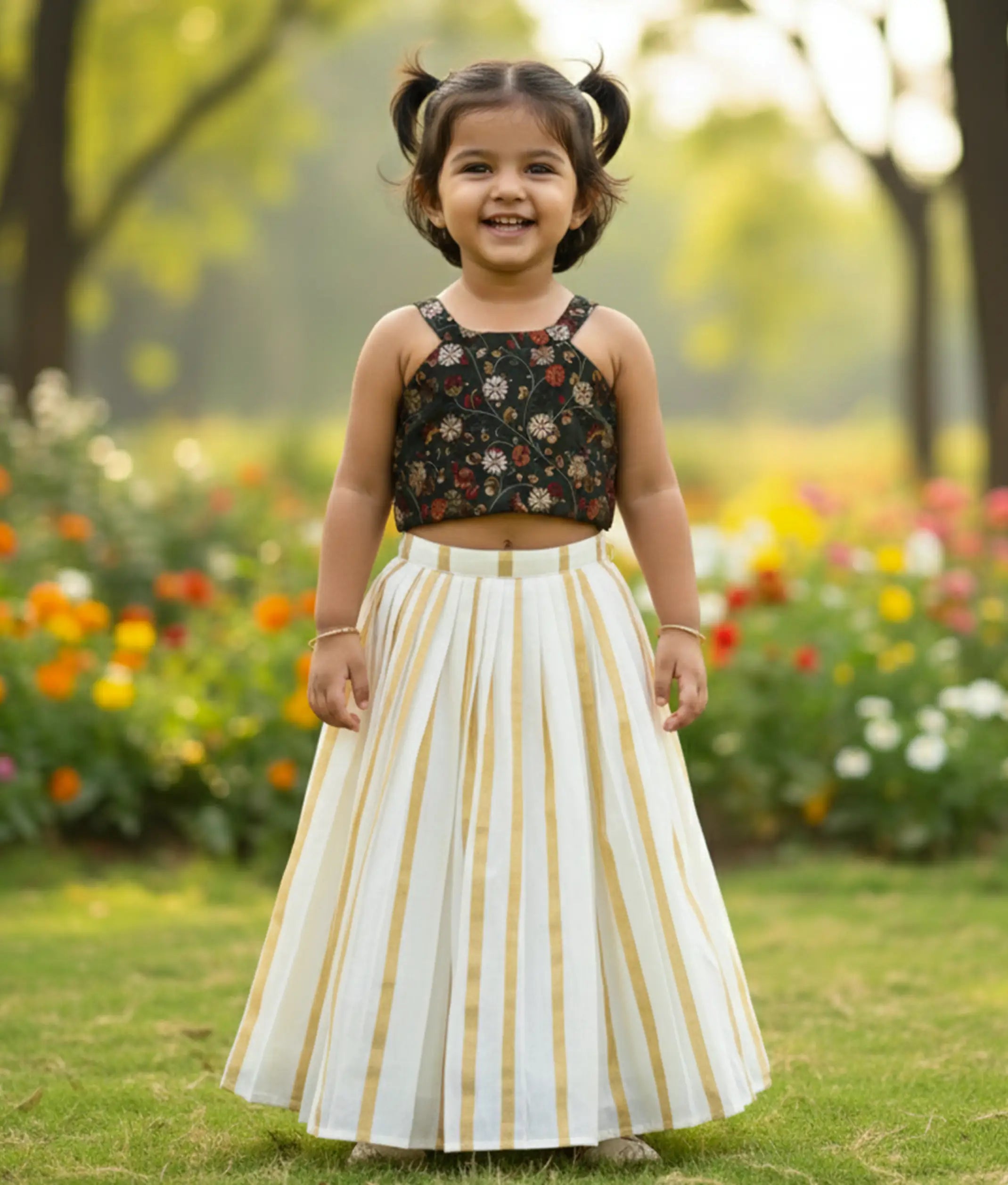 Dark Green Crape Banarasi Silk Top With Kasavu Skirt For Baby Girl [5486]