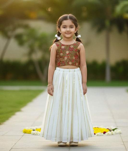 Multi Color Crape Banarasi Floral Silk Top With Kasavu Skirt For Baby Girl [Ready to ship: 5488]