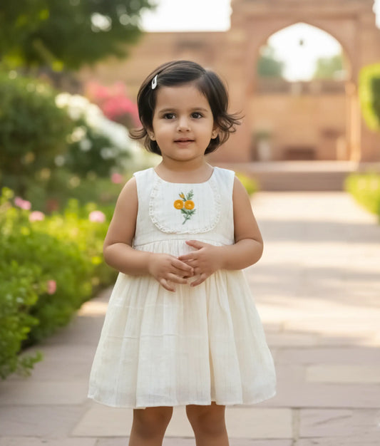 Off-white Cotton Floral Embroidery Frock For Baby Girl [Ready to ship: 5492]