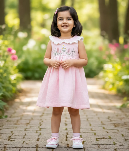 Pink Linen Embroidery Christmas Frock For Baby Girl [Ready to ship: 5499]
