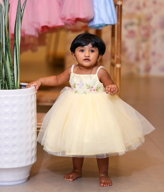 Pastel Yellow Tulle Net Handworked Birthday Frock For Baby Girl [Ready To Ship: 5503]