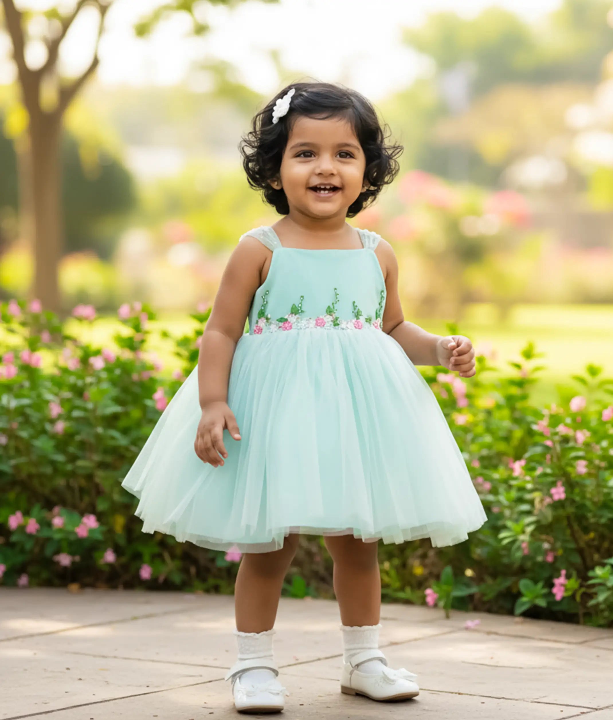 Powder Blue Tulle Net Handworked Birthday Frock For Baby Girl [5520]
