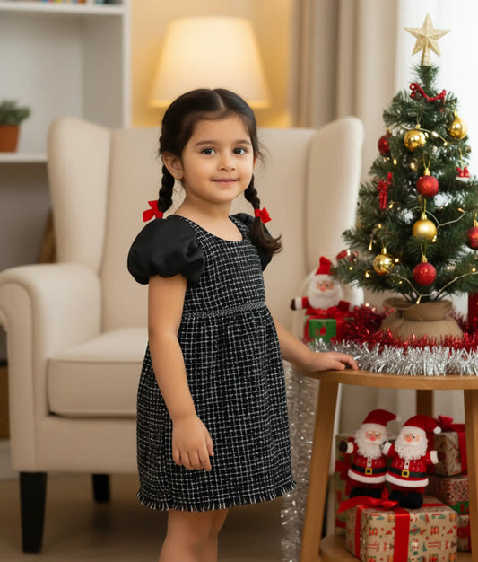 Black Handworked Tweed Fish-Cut Frock For Baby Girl [Ready to ship: 5521]