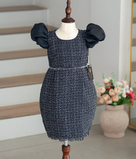 Black Handworked Tweed Fish-Cut Frock For Baby Girl [Ready to ship: 5521]