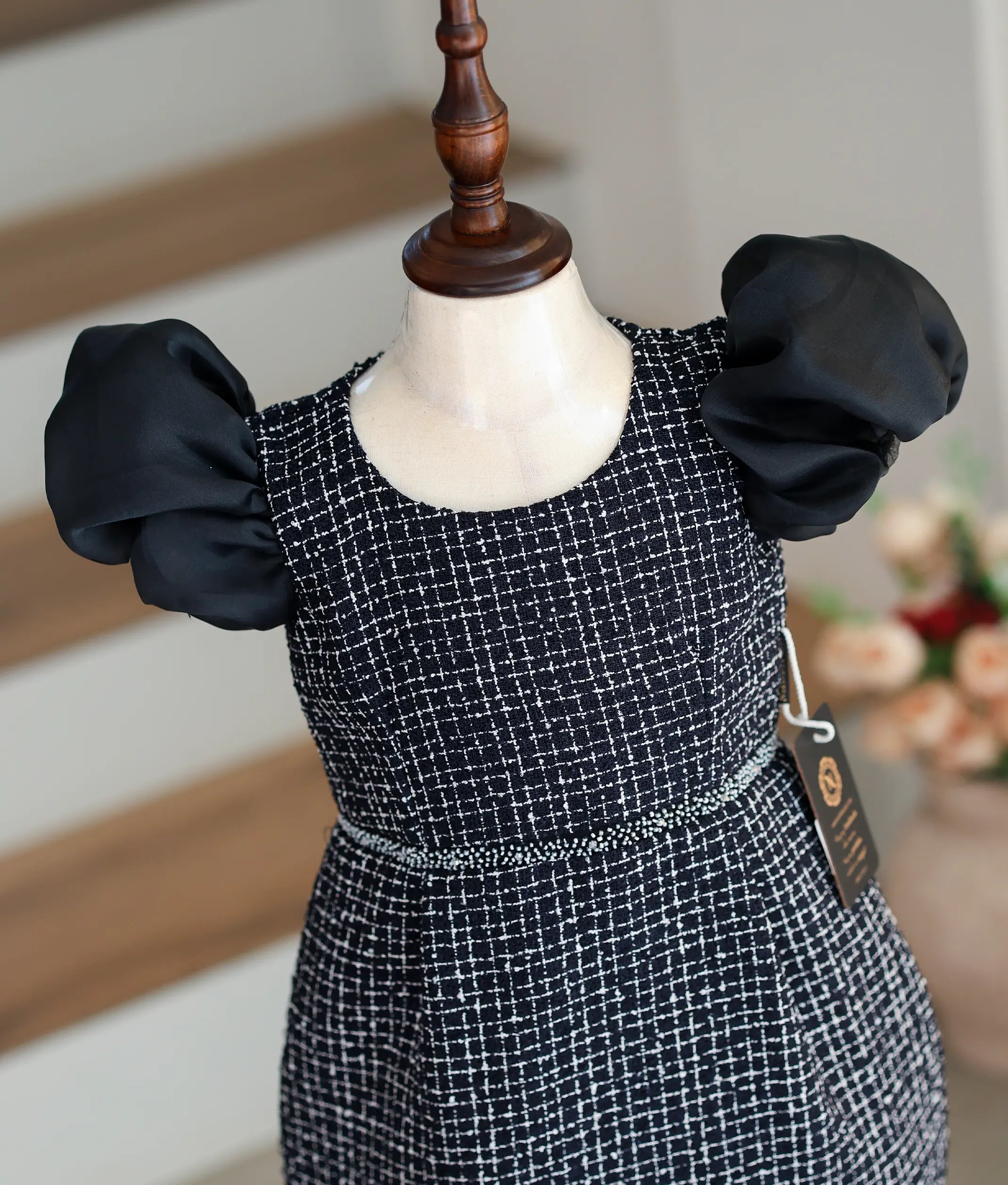 Black Handworked Tweed Fish-Cut Frock For Baby Girl [Ready to ship: 5521]