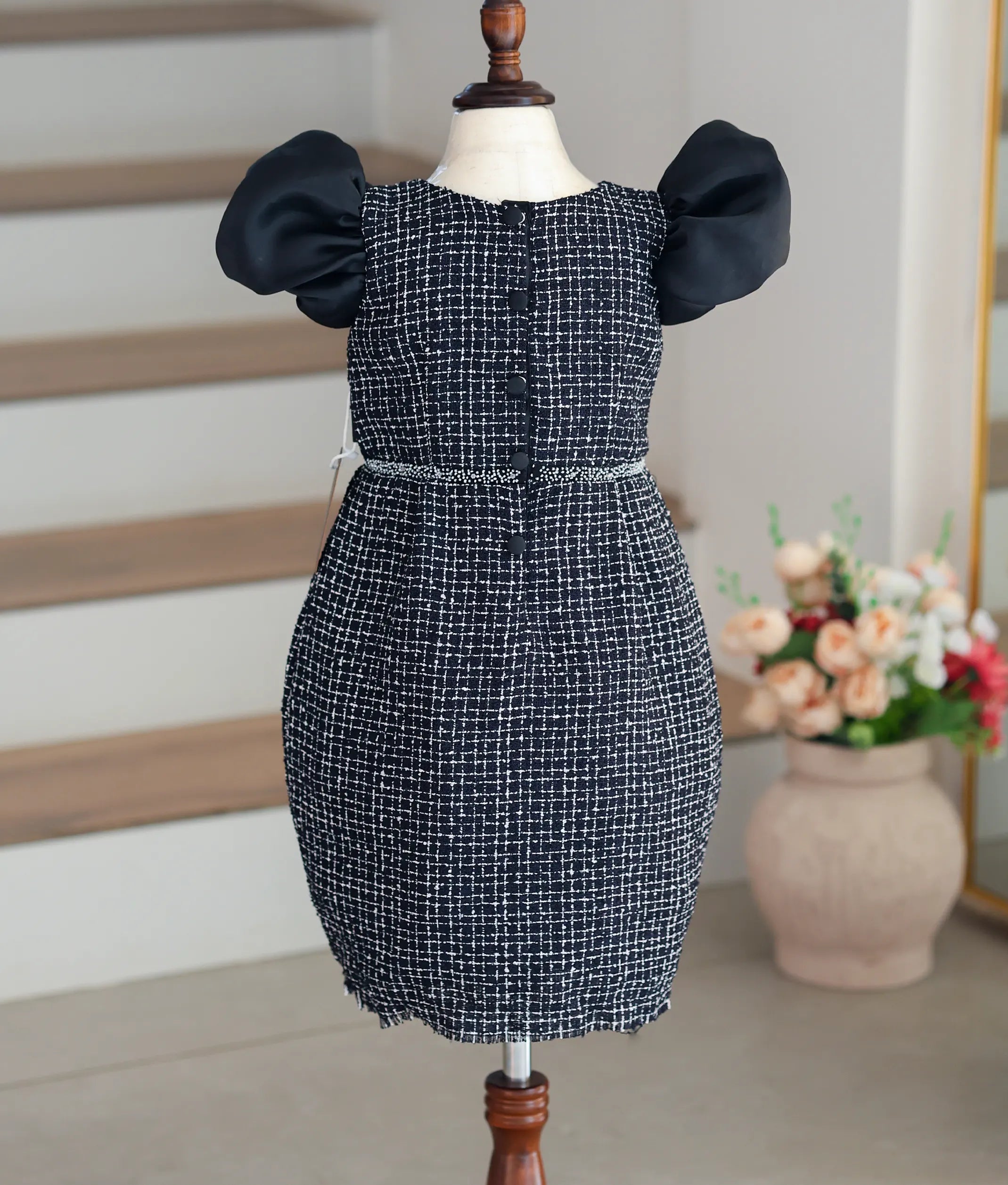 Black Handworked Tweed Fish-Cut Frock For Baby Girl [Ready to ship: 5521]