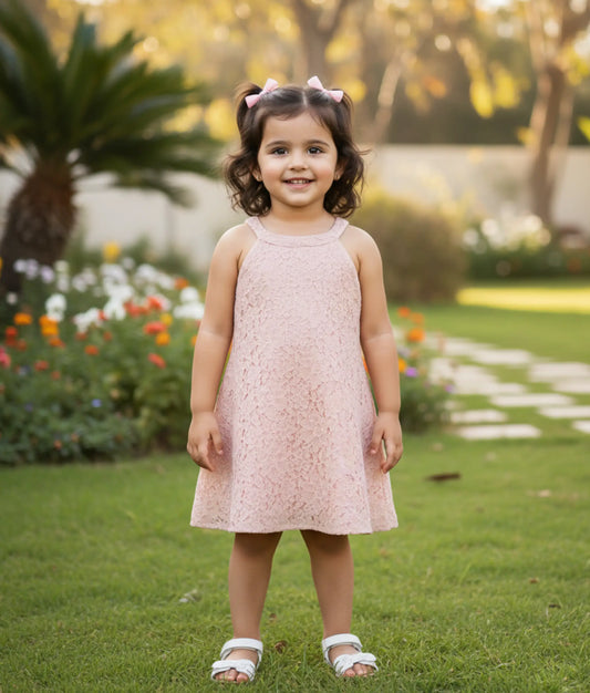 Pastel Peach Wedding Lace Fabric A-line Frock for Baby Girl [Ready to ship:5527]