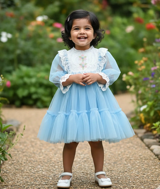 Blue Tulle Net Floral Embroidery Party Wear Frock for Baby Girl [Ready To Ship :5531]