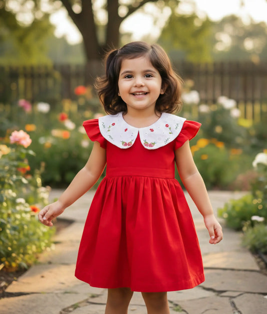 Red Embroidery Cotton Christmas Frock for Baby Girl [Ready to ship: 5546]