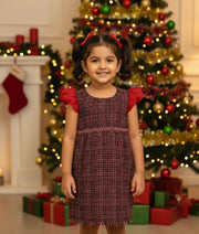 Brick Red Handworked Tweed Fish-Cut Frock For Baby Girl [Ready to ship: 5550]