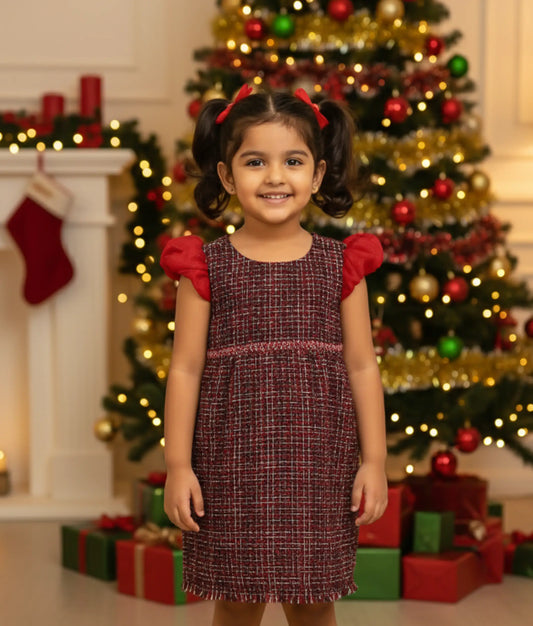 Brick Red Handworked Tweed Fish-Cut Frock For Baby Girl [Ready to ship: 5550]