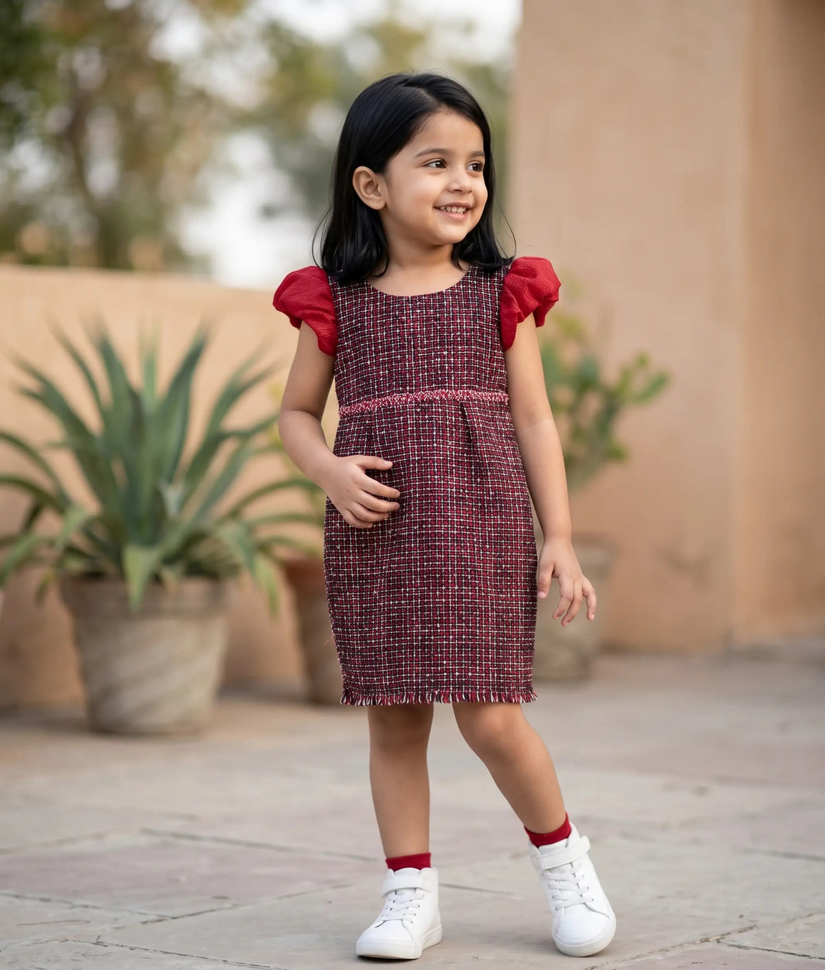Brick Red Hand worked Tweed Fish-Cut Frock for Baby Girl [5550]