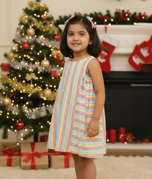 Front view of a multi-lined cotton Christmas frock against plain background