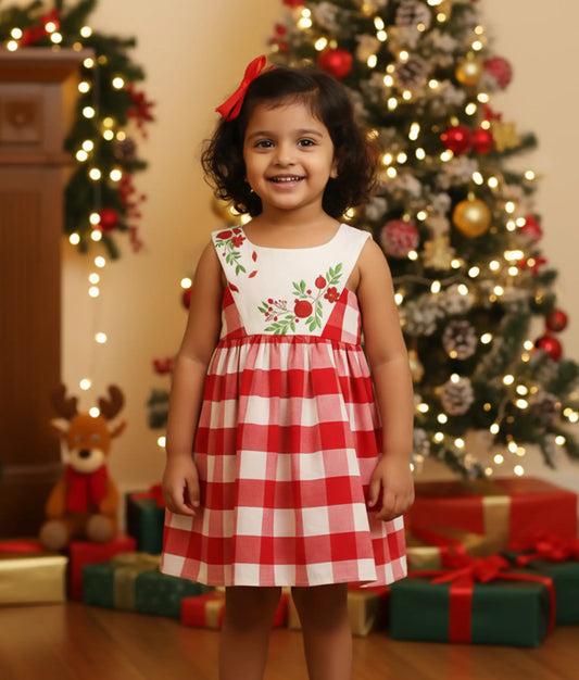 Red Check Floral Painting Cotton Chrismas Frock For Baby Girl [Ready to ship: 5554]
