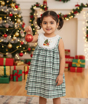 Green Checkered Embroidery Cotton Christmas Frock for Baby Girl [5558]