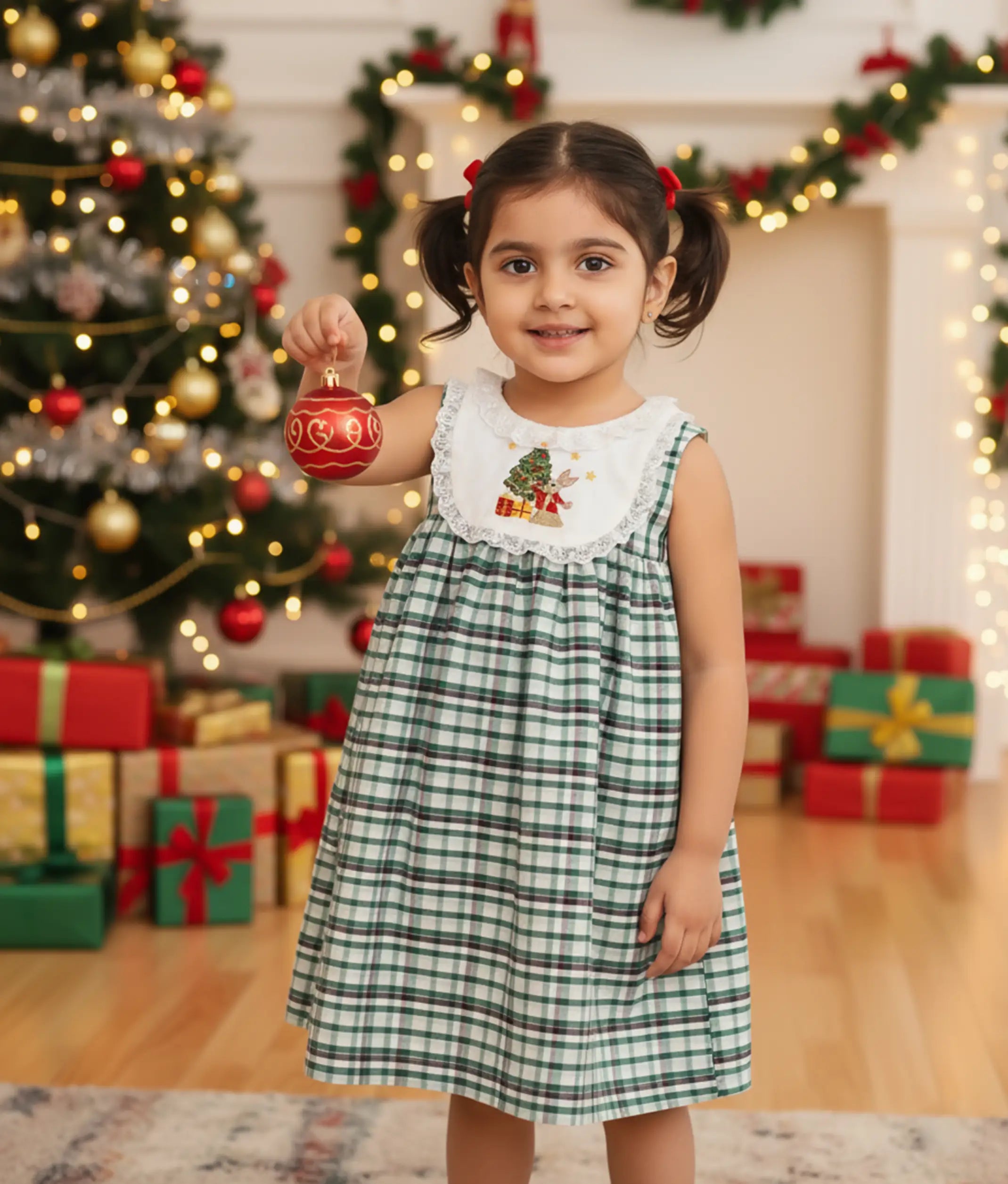 Green Checkered Embroidery Cotton Christmas Frock for Baby Girl [5558]
