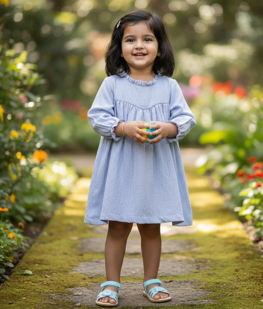 Blue Linen Cotton Casual Frock For Baby Girl [Ready to Ship: 5559]