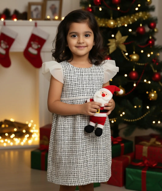 Black and White Handworked Tweed Fish-Cut Frock For Baby Girl [Ready to ship: 5560]