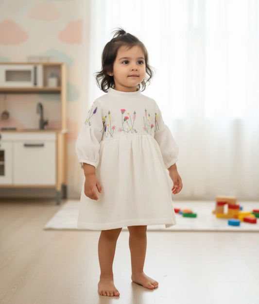 Off White Linen Cotton Floral Embroidery Casual Frock For Baby Girl [Ready to ship:5563]